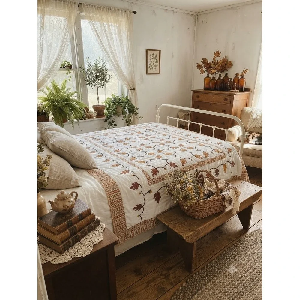Vintage Handmade Oak Leaf Acorn Quilt White Brown Rust Cotton Bedspread 96x80